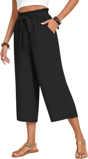 Aodemo Womens Capri Pants Plus Size Wide Leg High Waist Tie Knot Pants Casual Loose Palazzo Trousers with Pockets M-4XL