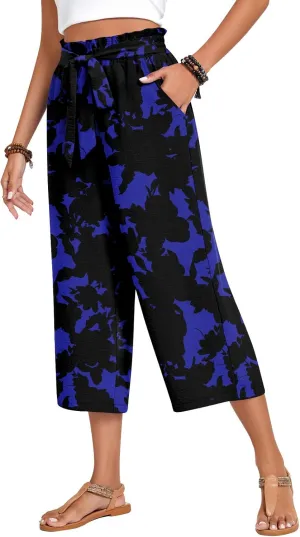 Aodemo Womens Capri Pants Plus Size Wide Leg High Waist Tie Knot Pants Casual Loose Palazzo Trousers with Pockets M-4XL
