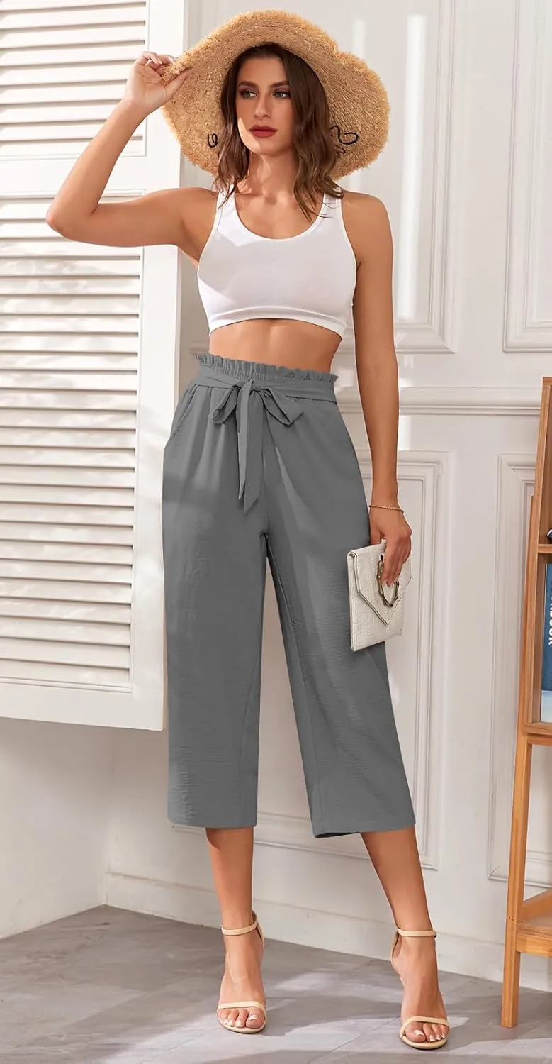 Aodemo Womens Capri Pants Plus Size Wide Leg High Waist Tie Knot Pants Casual Loose Palazzo Trousers with Pockets M-4XL