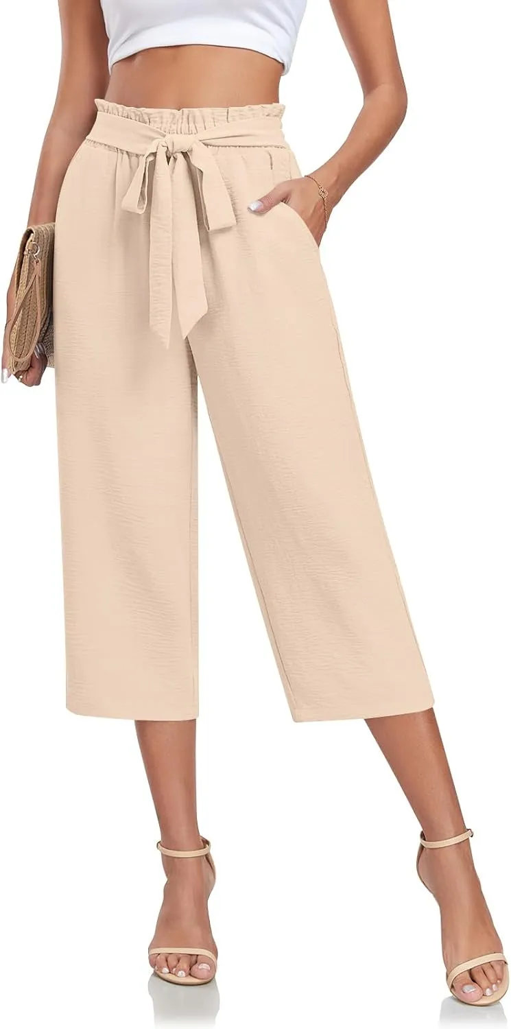 Aodemo Womens Capri Pants Plus Size Wide Leg High Waist Tie Knot Pants Casual Loose Palazzo Trousers with Pockets M-4XL
