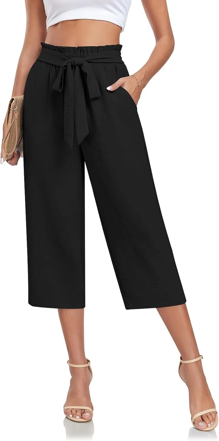 Aodemo Womens Capri Pants Plus Size Wide Leg High Waist Tie Knot Pants Casual Loose Palazzo Trousers with Pockets M-4XL