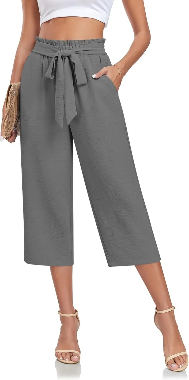 Aodemo Womens Capri Pants Plus Size Wide Leg High Waist Tie Knot Pants Casual Loose Palazzo Trousers with Pockets M-4XL
