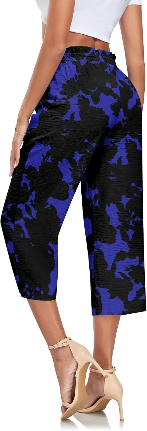 Aodemo Womens Capri Pants Plus Size Wide Leg High Waist Tie Knot Pants Casual Loose Palazzo Trousers with Pockets M-4XL