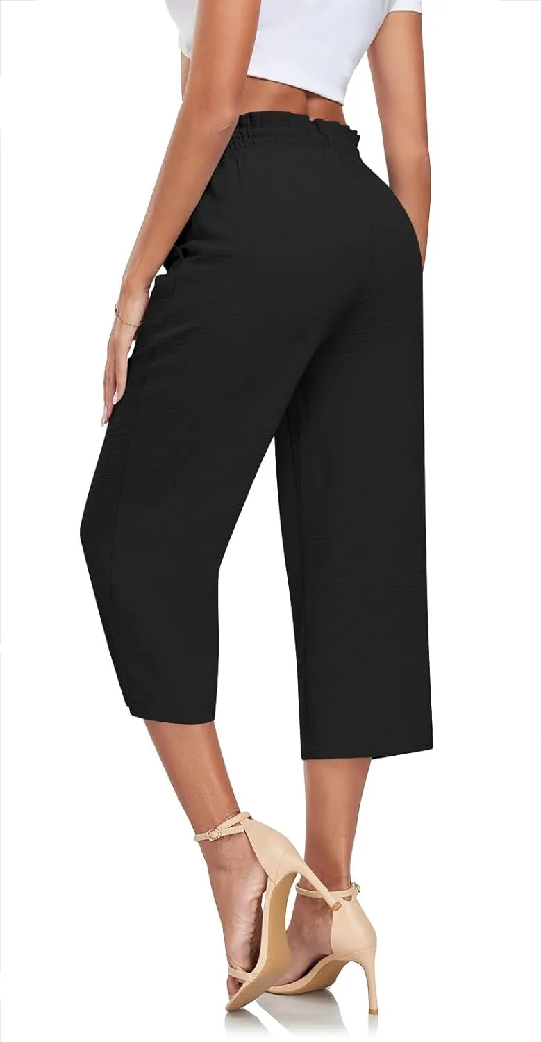 Aodemo Womens Capri Pants Plus Size Wide Leg High Waist Tie Knot Pants Casual Loose Palazzo Trousers with Pockets M-4XL