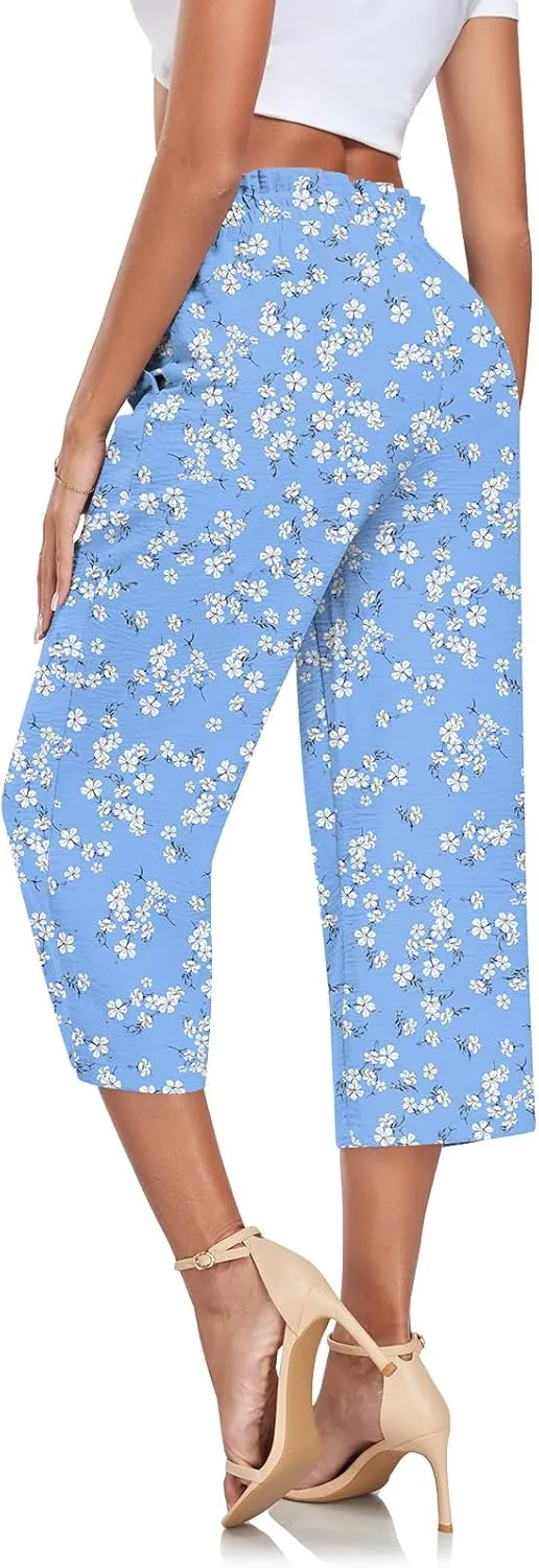 Aodemo Womens Capri Pants Plus Size Wide Leg High Waist Tie Knot Pants Casual Loose Palazzo Trousers with Pockets M-4XL