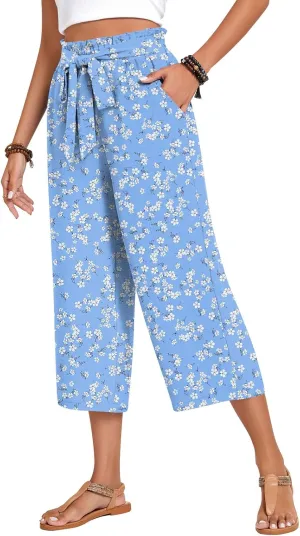 Aodemo Womens Capri Pants Plus Size Wide Leg High Waist Tie Knot Pants Casual Loose Palazzo Trousers with Pockets M-4XL