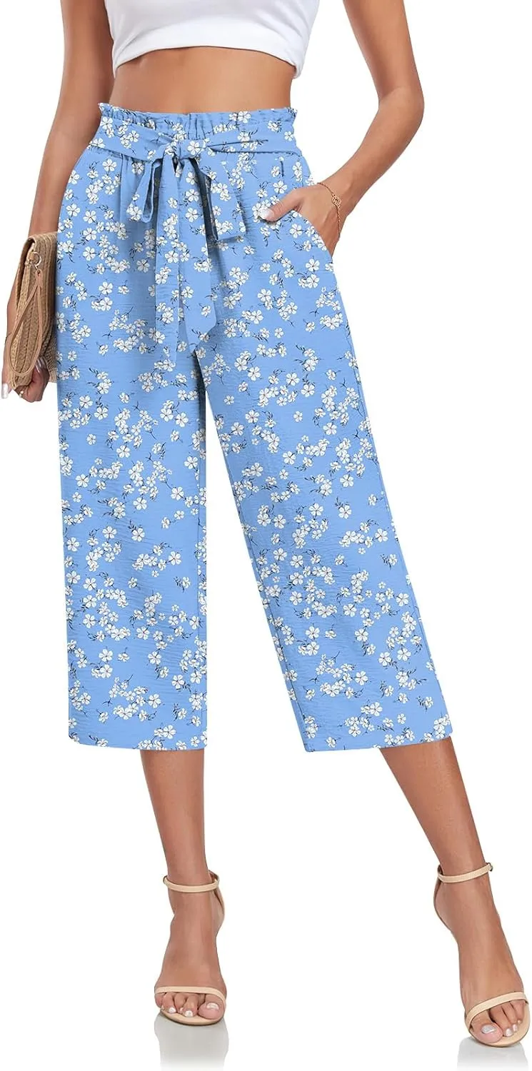 Aodemo Womens Capri Pants Plus Size Wide Leg High Waist Tie Knot Pants Casual Loose Palazzo Trousers with Pockets M-4XL