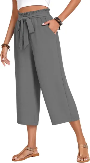 Aodemo Womens Capri Pants Plus Size Wide Leg High Waist Tie Knot Pants Casual Loose Palazzo Trousers with Pockets M-4XL