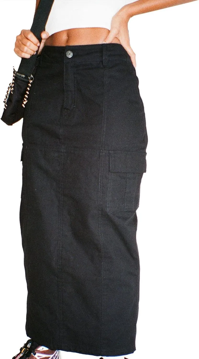 ASHER FASHION Women's Y2K Skirts Cargo Midi Skirt Elegant Long Denim Skirts with Cargo Pockets Bodycon Skirt