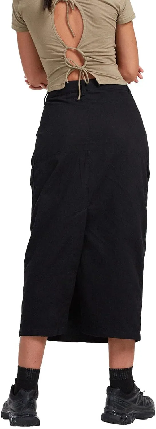 ASHER FASHION Women's Y2K Skirts Cargo Midi Skirt Elegant Long Denim Skirts with Cargo Pockets Bodycon Skirt