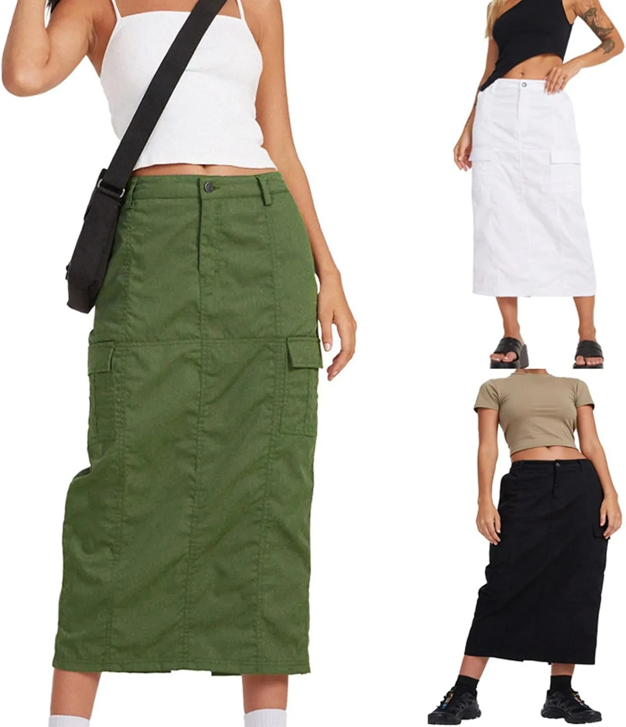 ASHER FASHION Women's Y2K Skirts Cargo Midi Skirt Elegant Long Denim Skirts with Cargo Pockets Bodycon Skirt