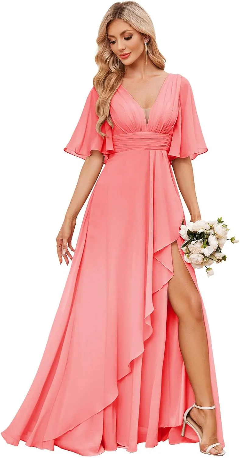AUMEELAM Women's Flutter Sleeve Bridesmaid Dresses for Wedding Ruffled Chiffon Evening Formal Gowns with Slit