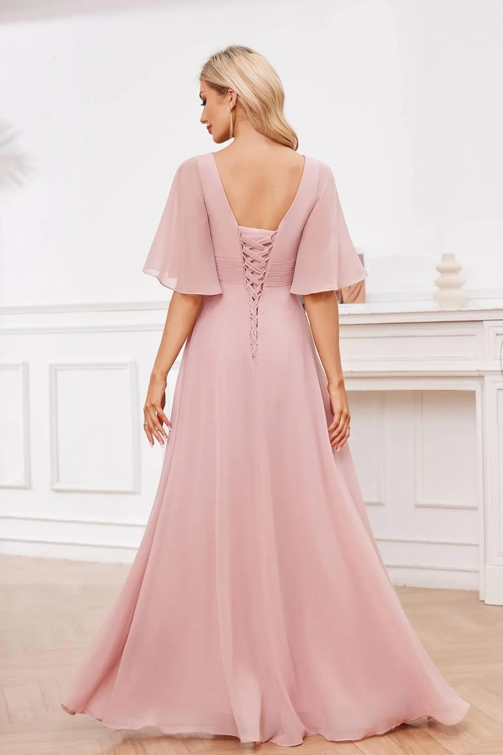 AUMEELAM Women's Flutter Sleeve Bridesmaid Dresses for Wedding Ruffled Chiffon Evening Formal Gowns with Slit
