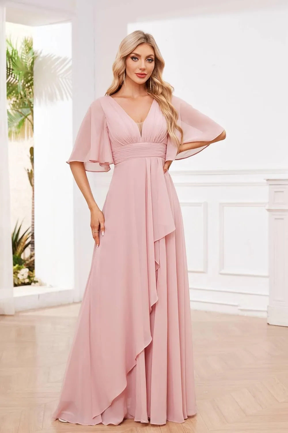 AUMEELAM Women's Flutter Sleeve Bridesmaid Dresses for Wedding Ruffled Chiffon Evening Formal Gowns with Slit
