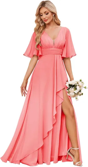 AUMEELAM Women's Flutter Sleeve Bridesmaid Dresses for Wedding Ruffled Chiffon Evening Formal Gowns with Slit
