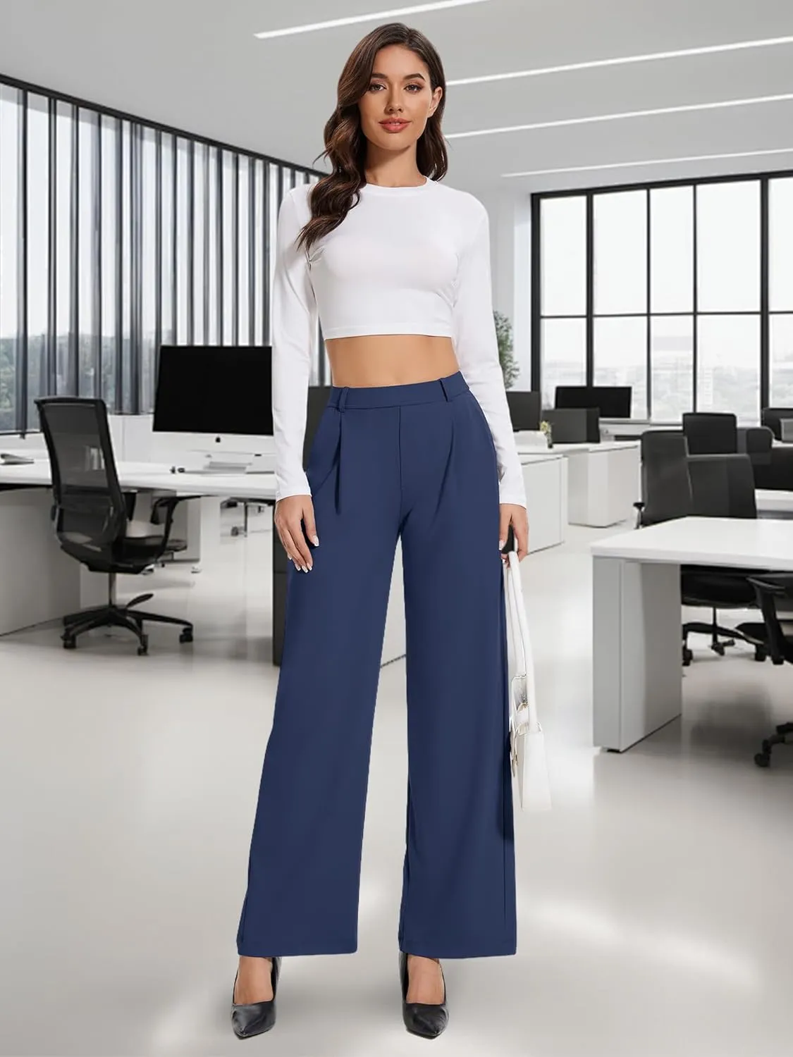 AVAMO Womens Dress Pants Wide Leg Pull On Stretchy Work Pants Women High Waisted Business Casual Trousers with Pockets
