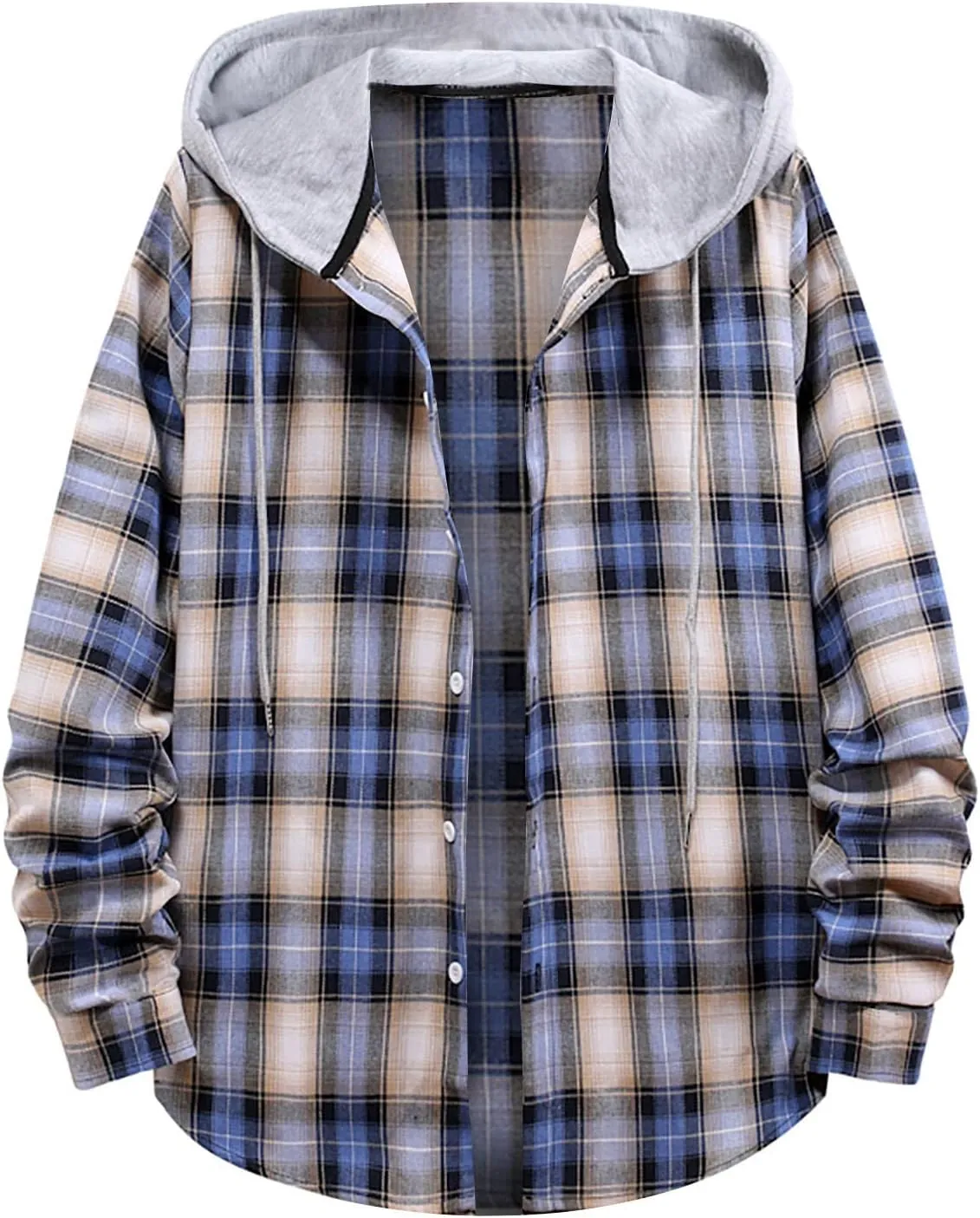 Aymnlox Hoodies for Men Fashion Long Sleeve Plaid Button Shirts Jacket With Hood Casual Stylish Drawstring Sweatshirts 2024