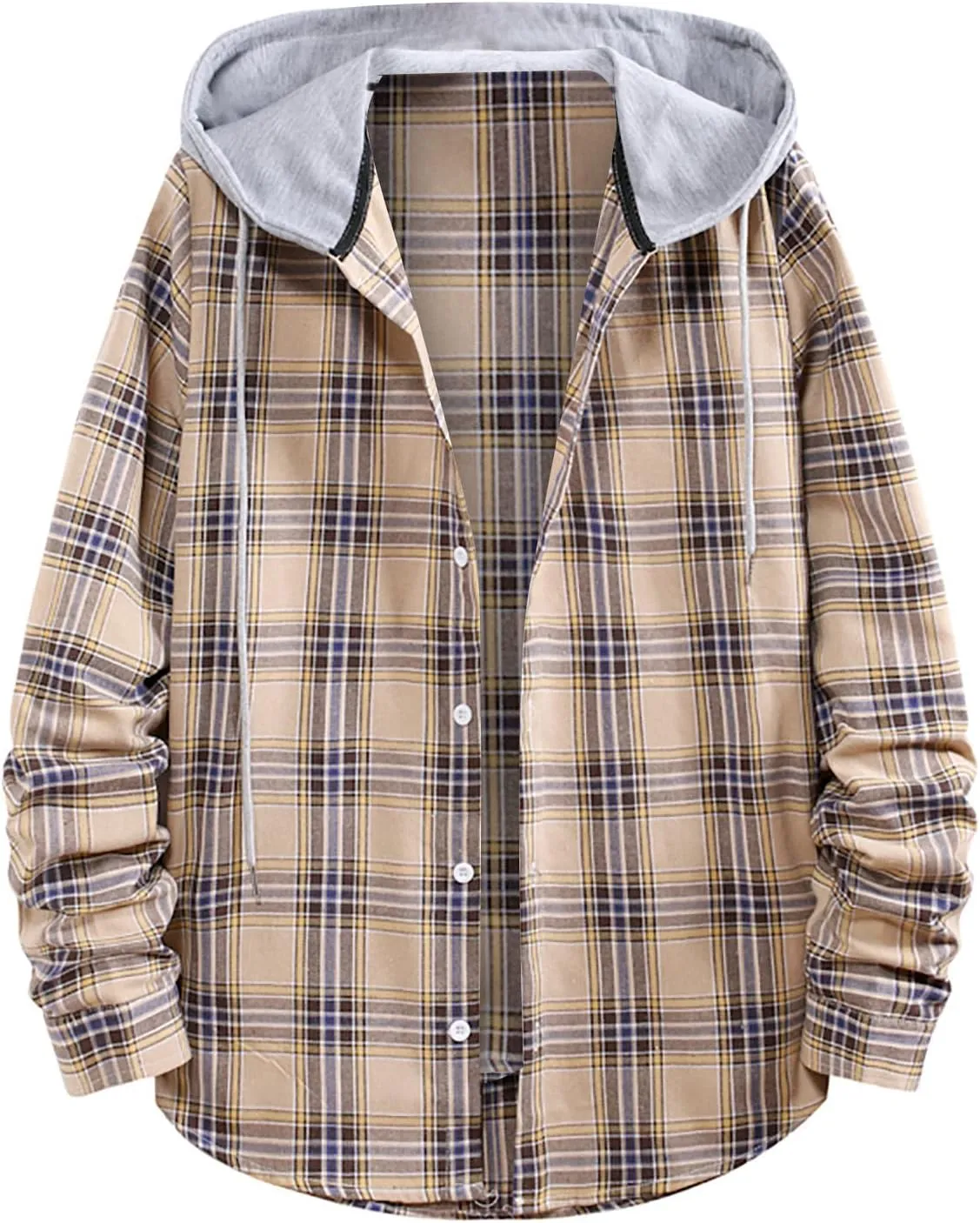 Aymnlox Hoodies for Men Fashion Long Sleeve Plaid Button Shirts Jacket With Hood Casual Stylish Drawstring Sweatshirts 2024