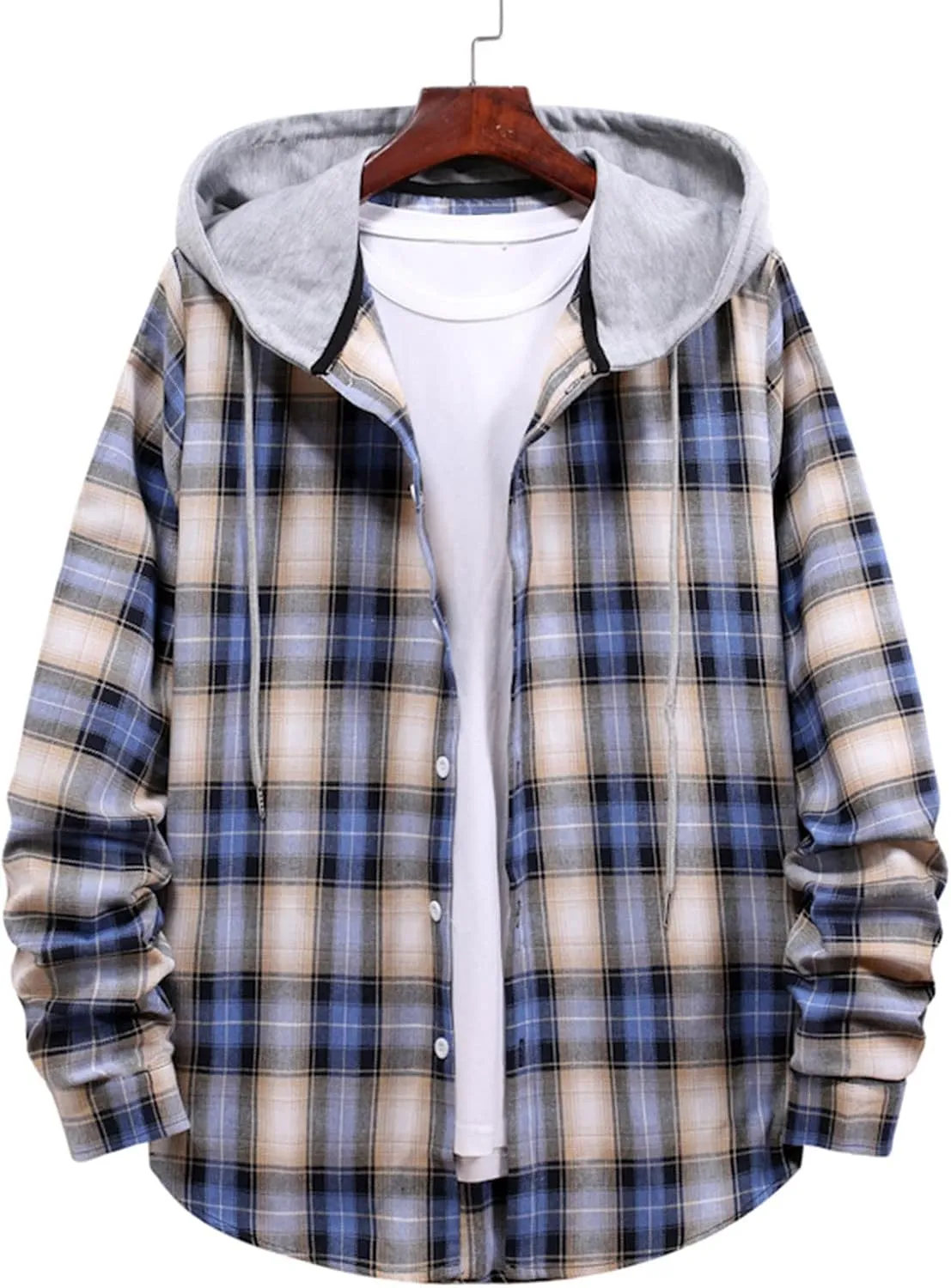 Aymnlox Hoodies for Men Fashion Long Sleeve Plaid Button Shirts Jacket With Hood Casual Stylish Drawstring Sweatshirts 2024