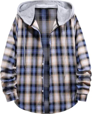 Aymnlox Hoodies for Men Fashion Long Sleeve Plaid Button Shirts Jacket With Hood Casual Stylish Drawstring Sweatshirts 2024