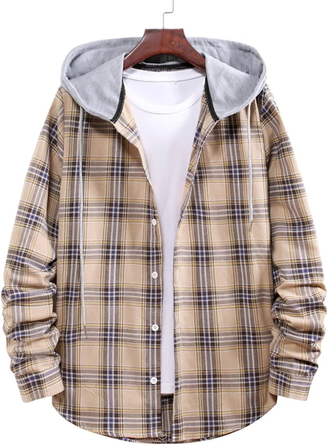 Aymnlox Hoodies for Men Fashion Long Sleeve Plaid Button Shirts Jacket With Hood Casual Stylish Drawstring Sweatshirts 2024