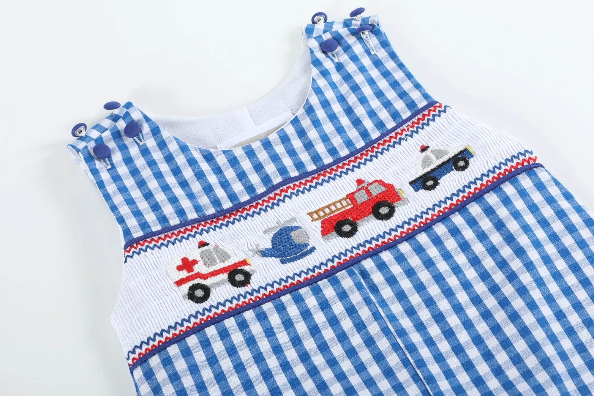 Baby Boys Dark Blue Gingham Emergency Vehicle Smocked Overalls