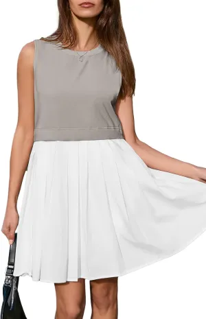 BerryGo Womens Summer Sweatshirt Dresses Sleeveless Casual Patchwork Flowy Pleated A Line Swing Mini Beach Dress 2024
