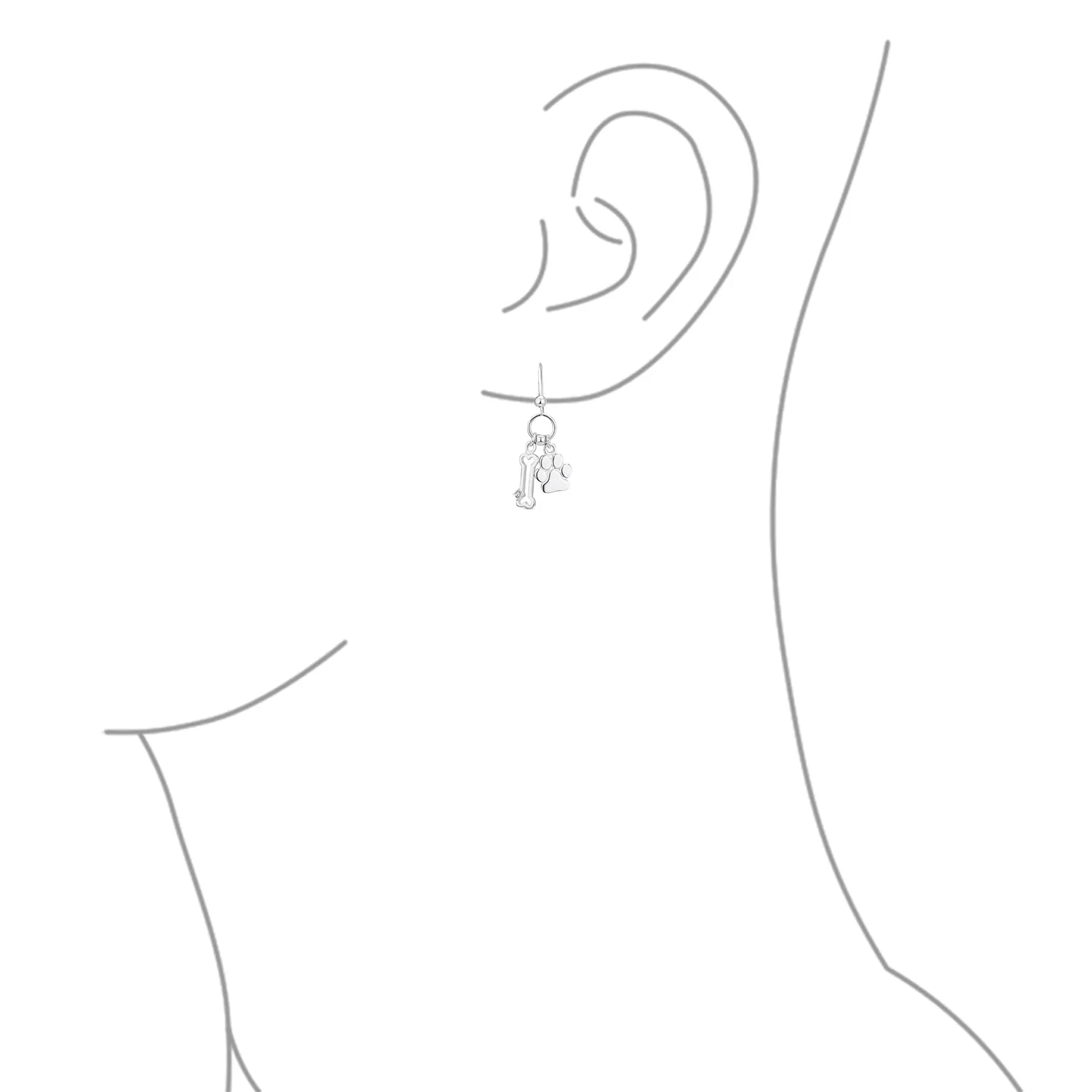 Best Friend Pet Lover Dangle Earrings with Dog Bone and Paw Print Sterling Silver