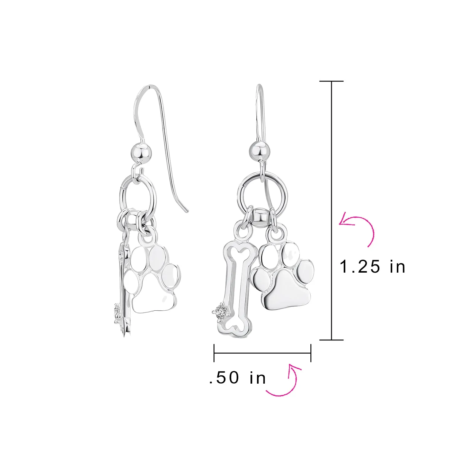 Best Friend Pet Lover Dangle Earrings with Dog Bone and Paw Print Sterling Silver