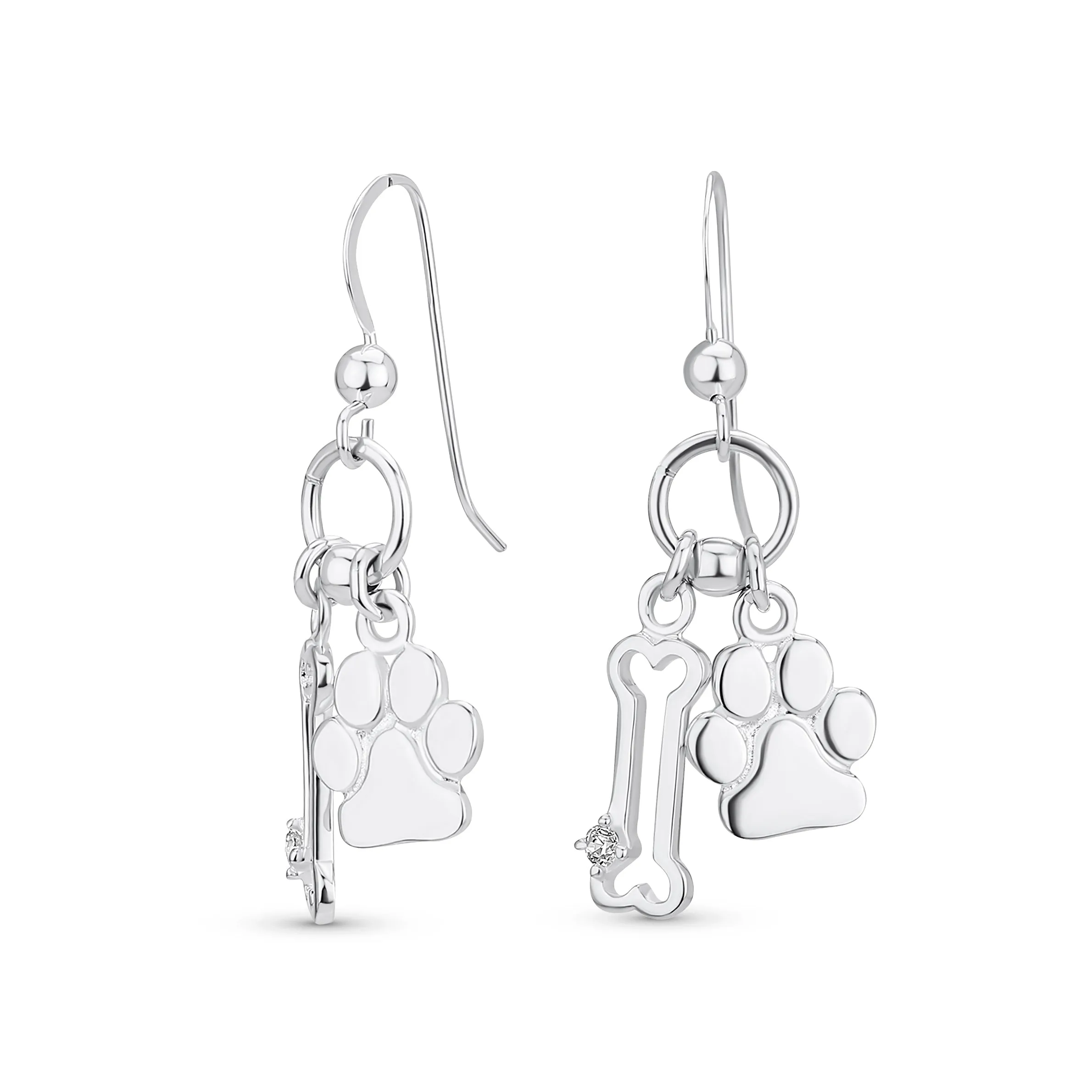 Best Friend Pet Lover Dangle Earrings with Dog Bone and Paw Print Sterling Silver
