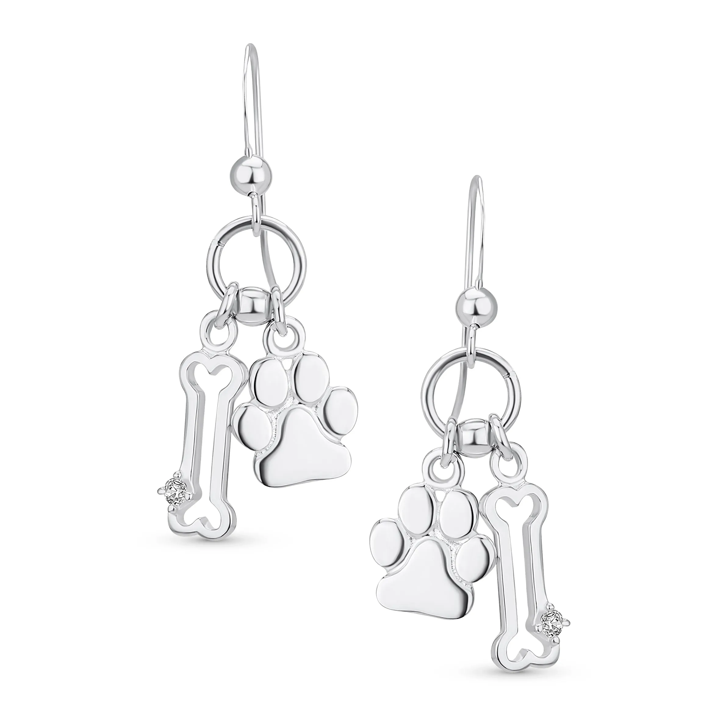 Best Friend Pet Lover Dangle Earrings with Dog Bone and Paw Print Sterling Silver