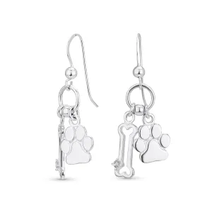 Best Friend Pet Lover Dangle Earrings with Dog Bone and Paw Print Sterling Silver