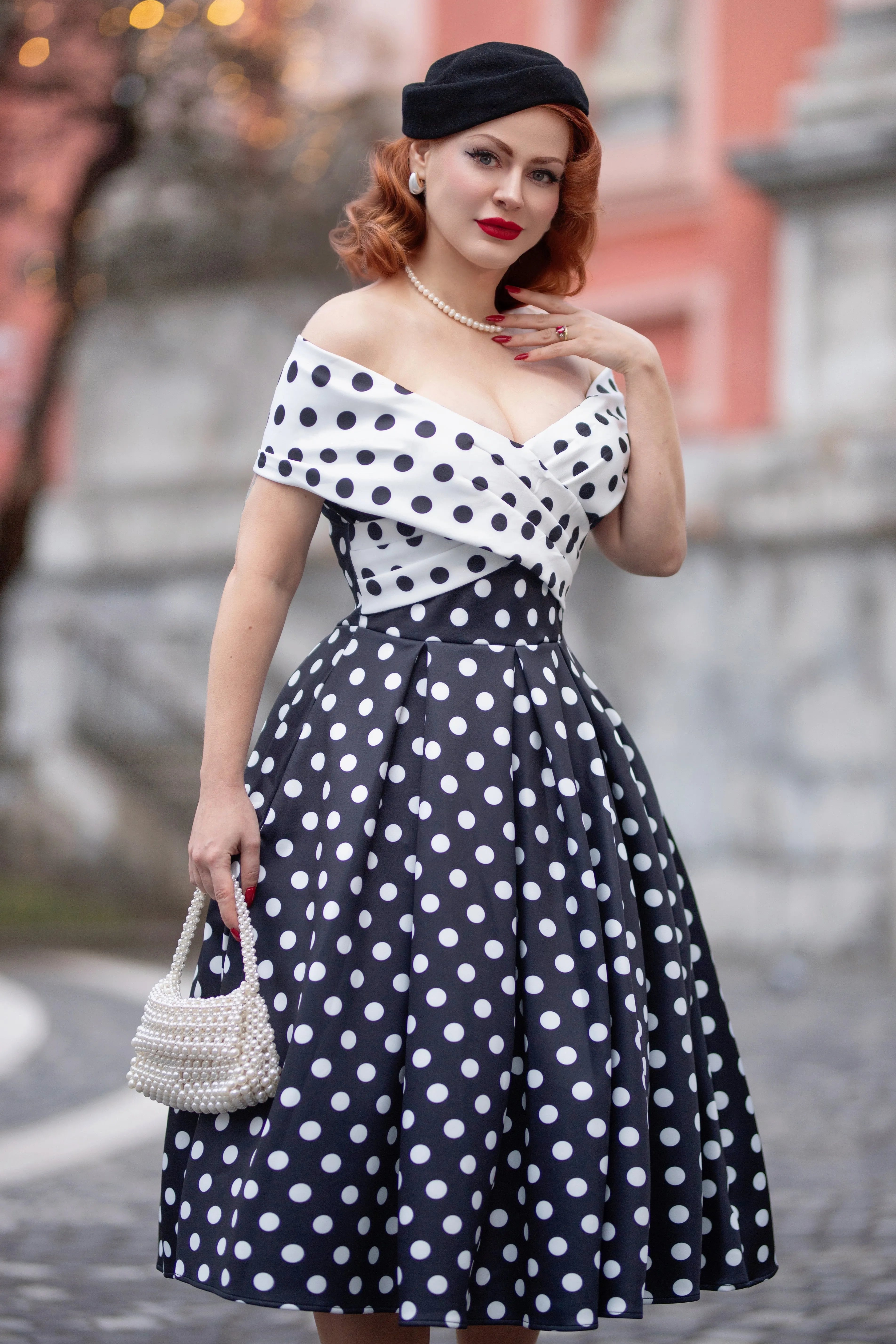 Beverly Monochrome Polka Dot Off Shoulder Dress