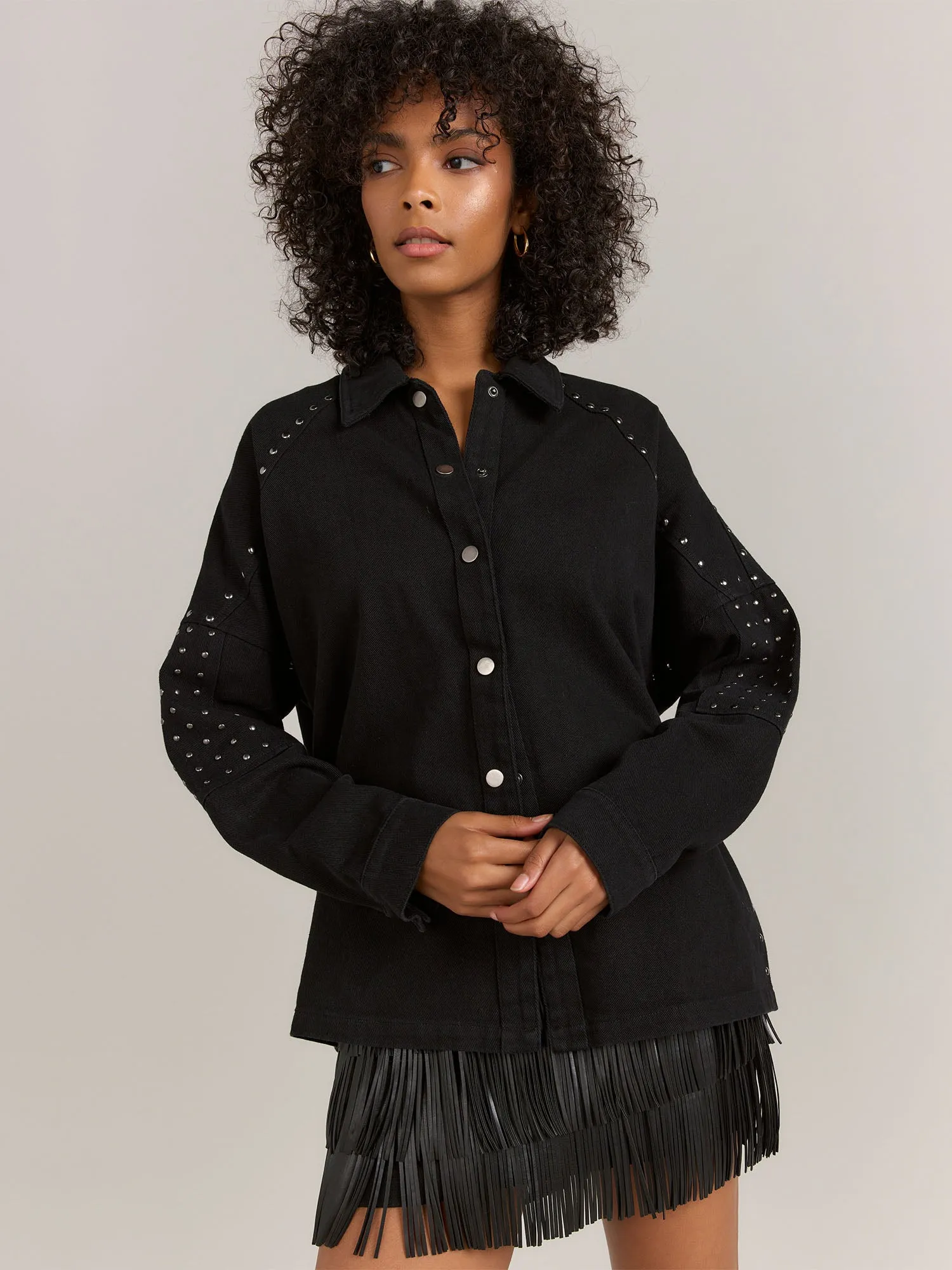 Blue B Long Sleeve Studded Denim Shacket - Brands We Love