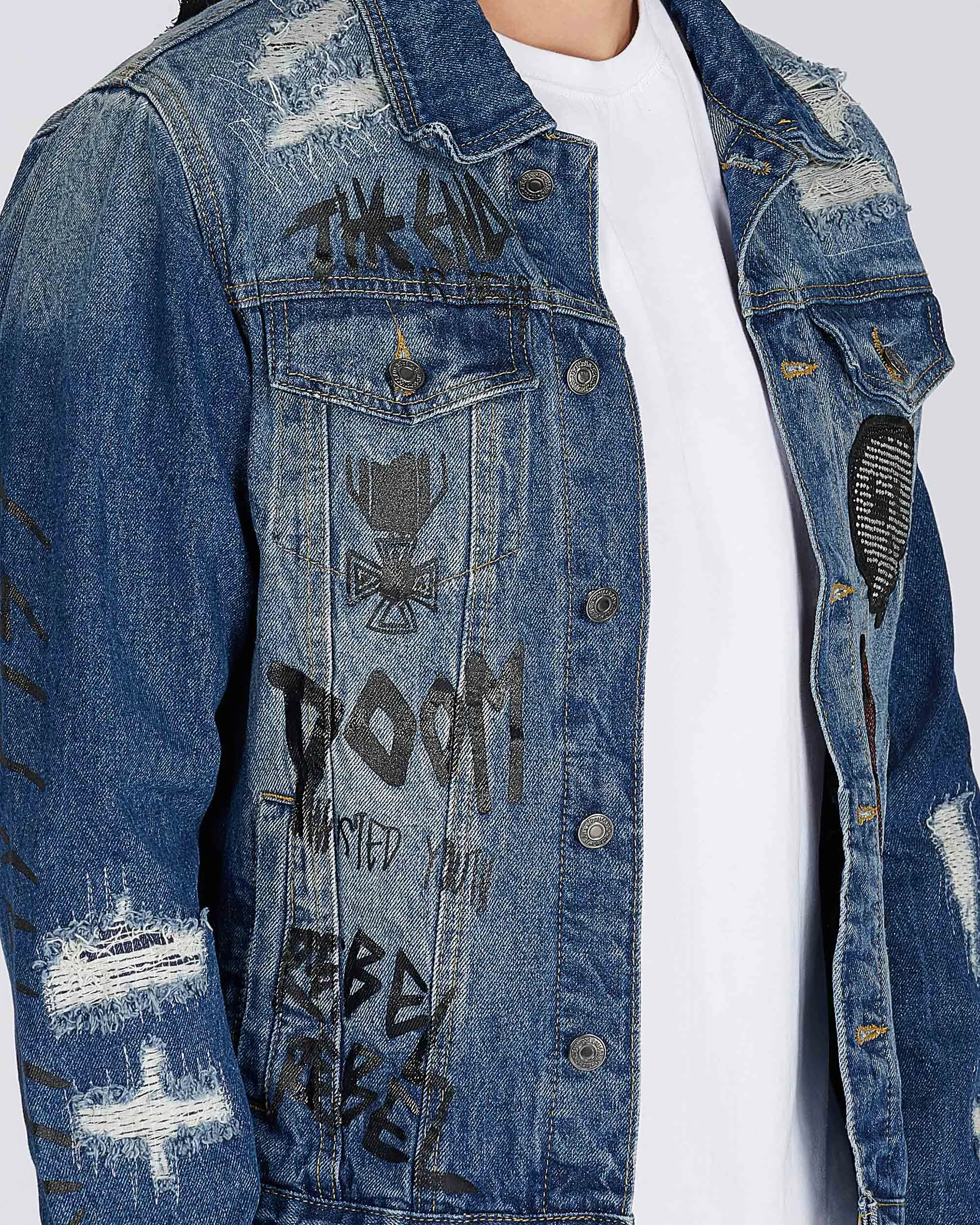 Blue Denim Jacket with Gradient Wash and Embroidery