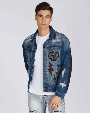 Blue Denim Jacket with Gradient Wash and Embroidery