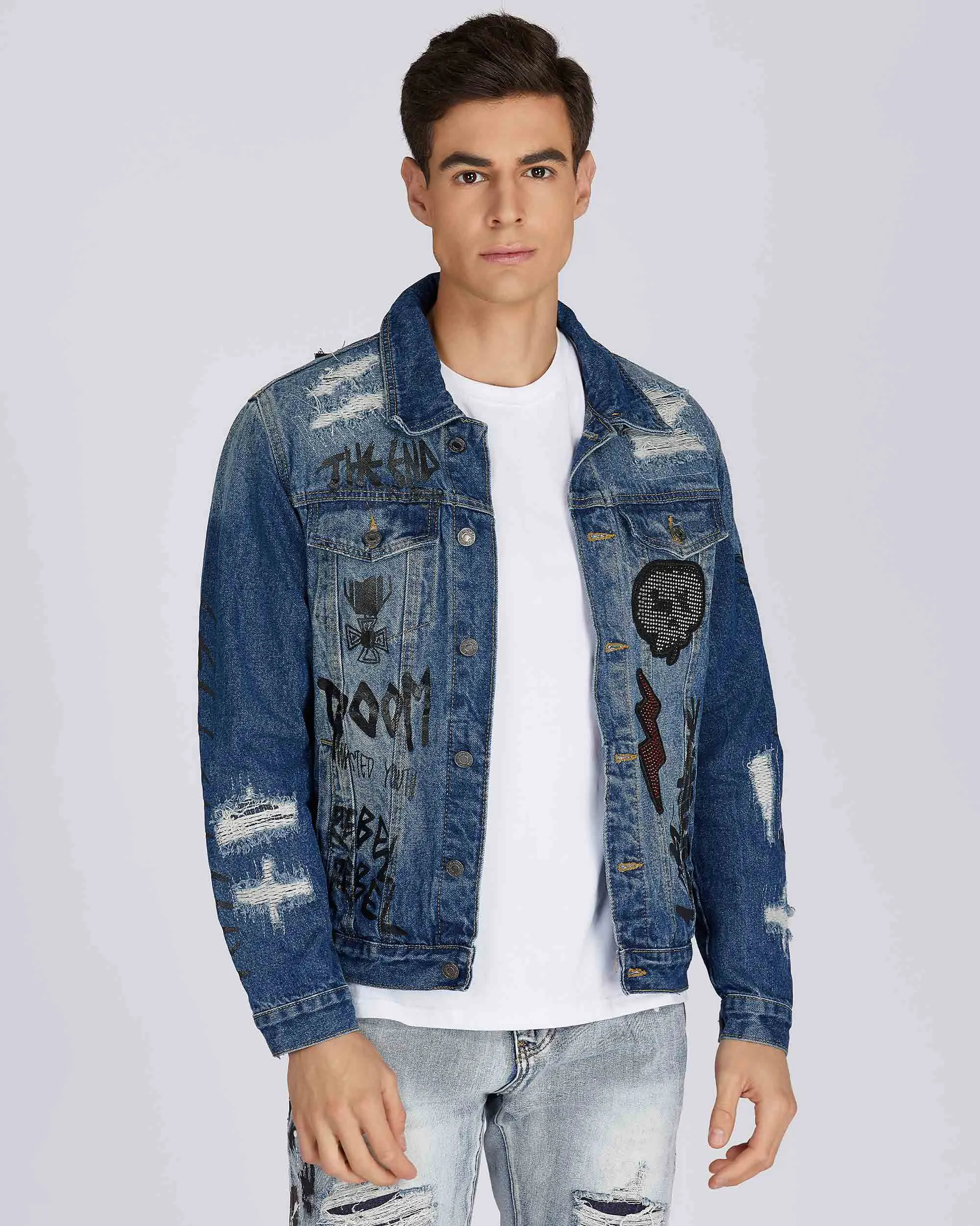 Blue Denim Jacket with Gradient Wash and Embroidery