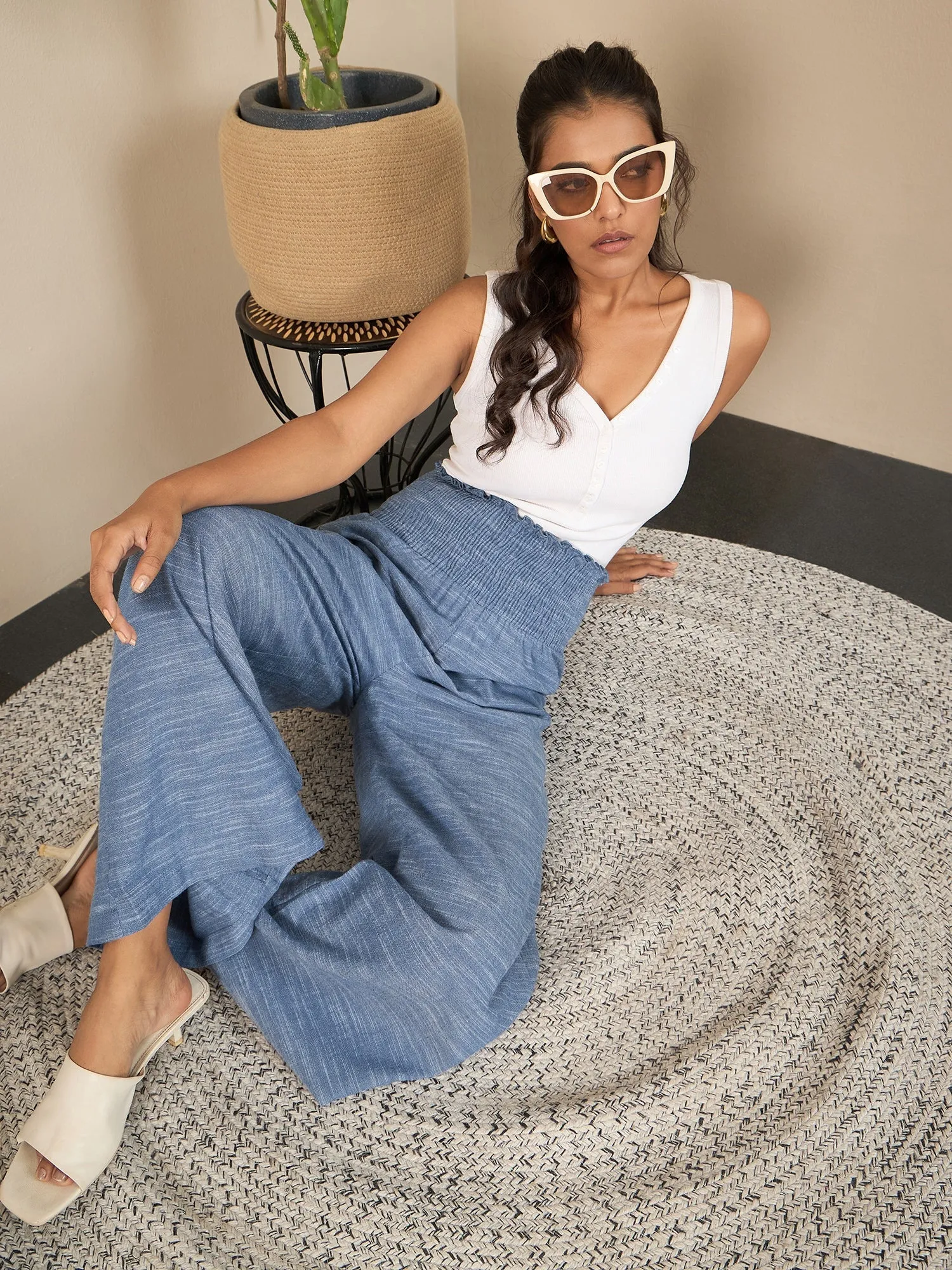 Blue Polyester Crepe Self Design Smocked Waist Pants