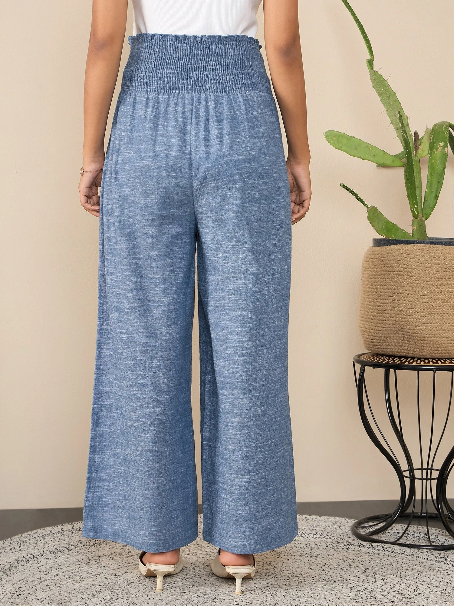 Blue Polyester Crepe Self Design Smocked Waist Pants