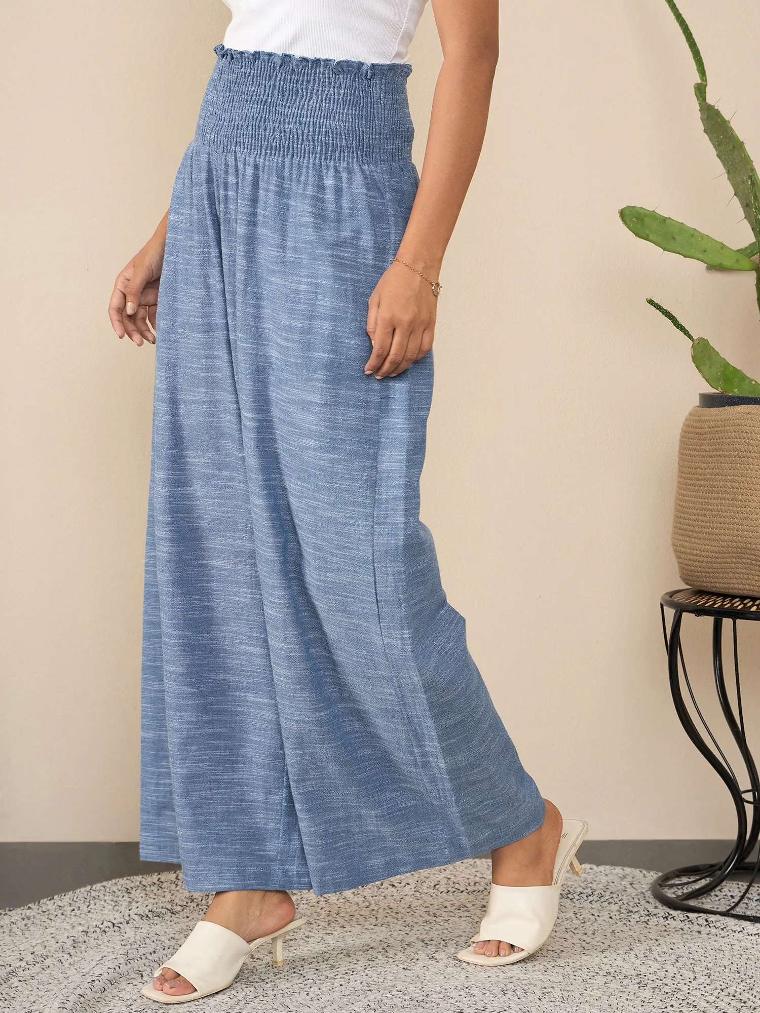 Blue Polyester Crepe Self Design Smocked Waist Pants