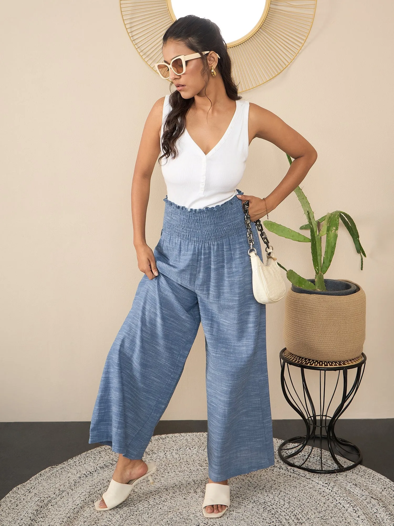 Blue Polyester Crepe Self Design Smocked Waist Pants