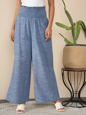 Blue Polyester Crepe Self Design Smocked Waist Pants