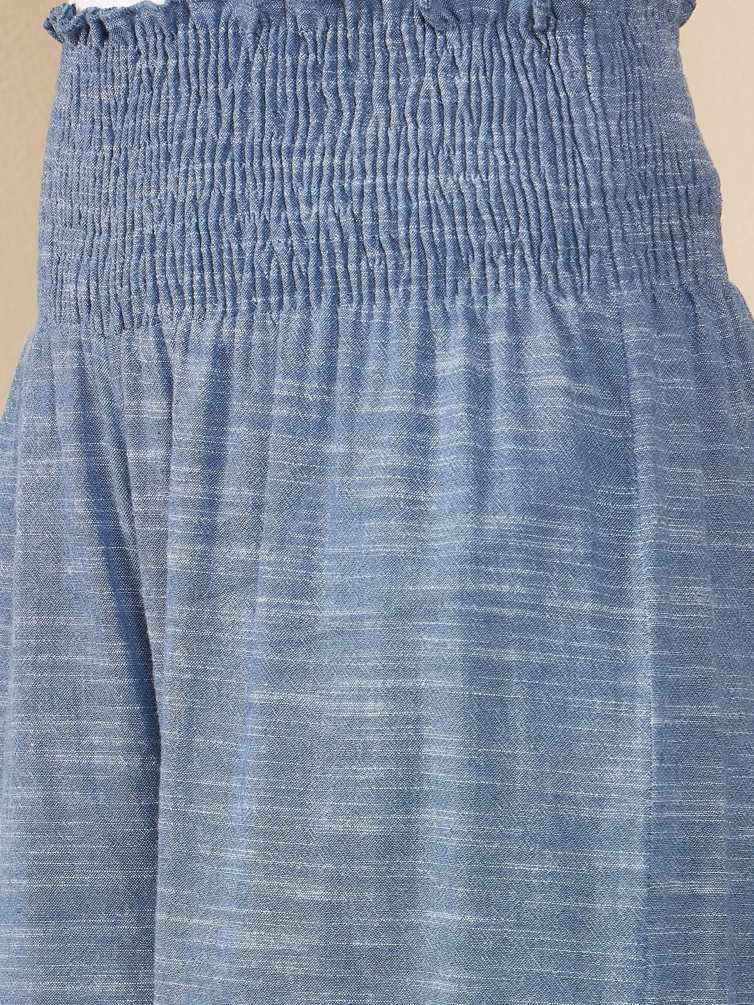 Blue Polyester Crepe Self Design Smocked Waist Pants