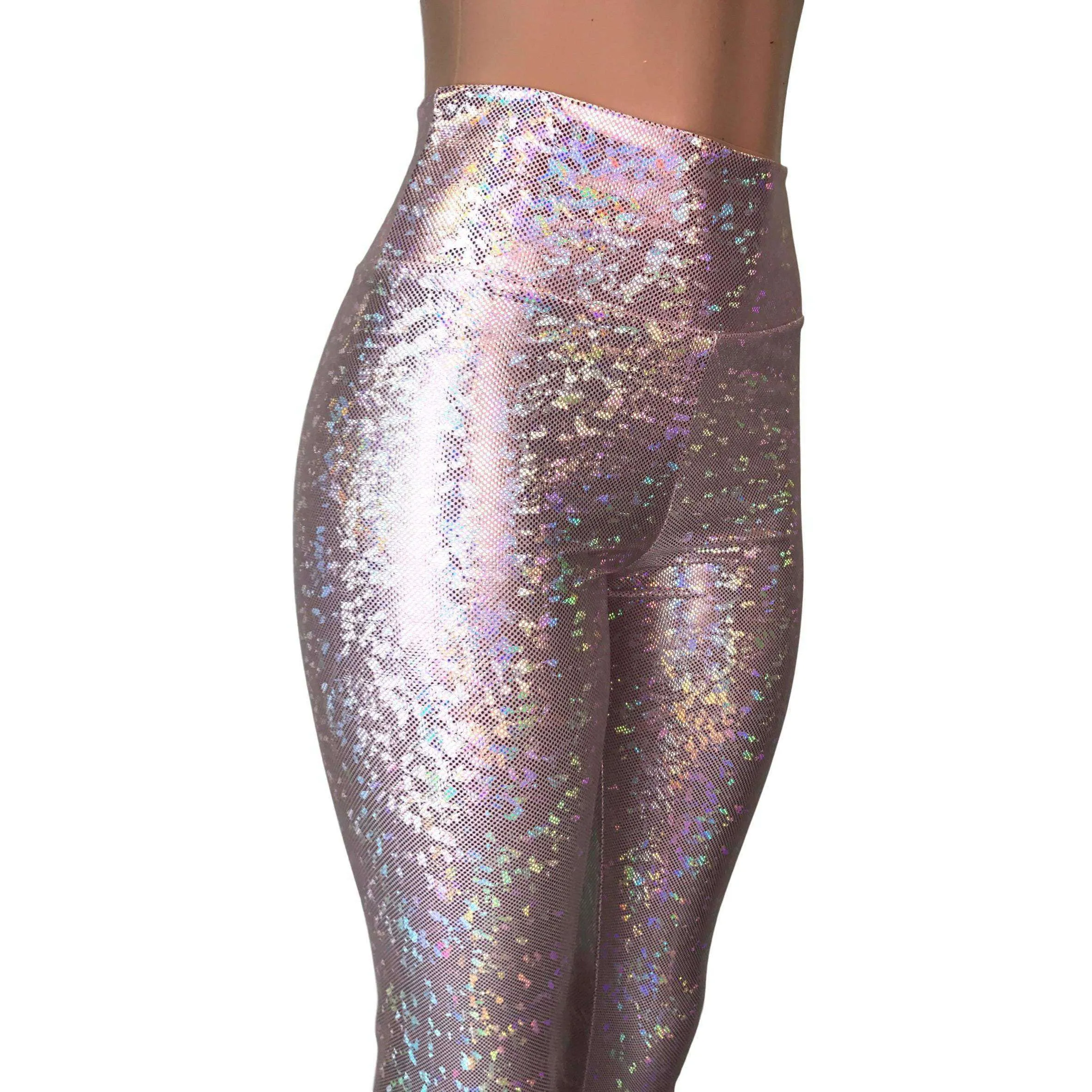 Blush Pink Shattered Glass Holographic Leggings Pants