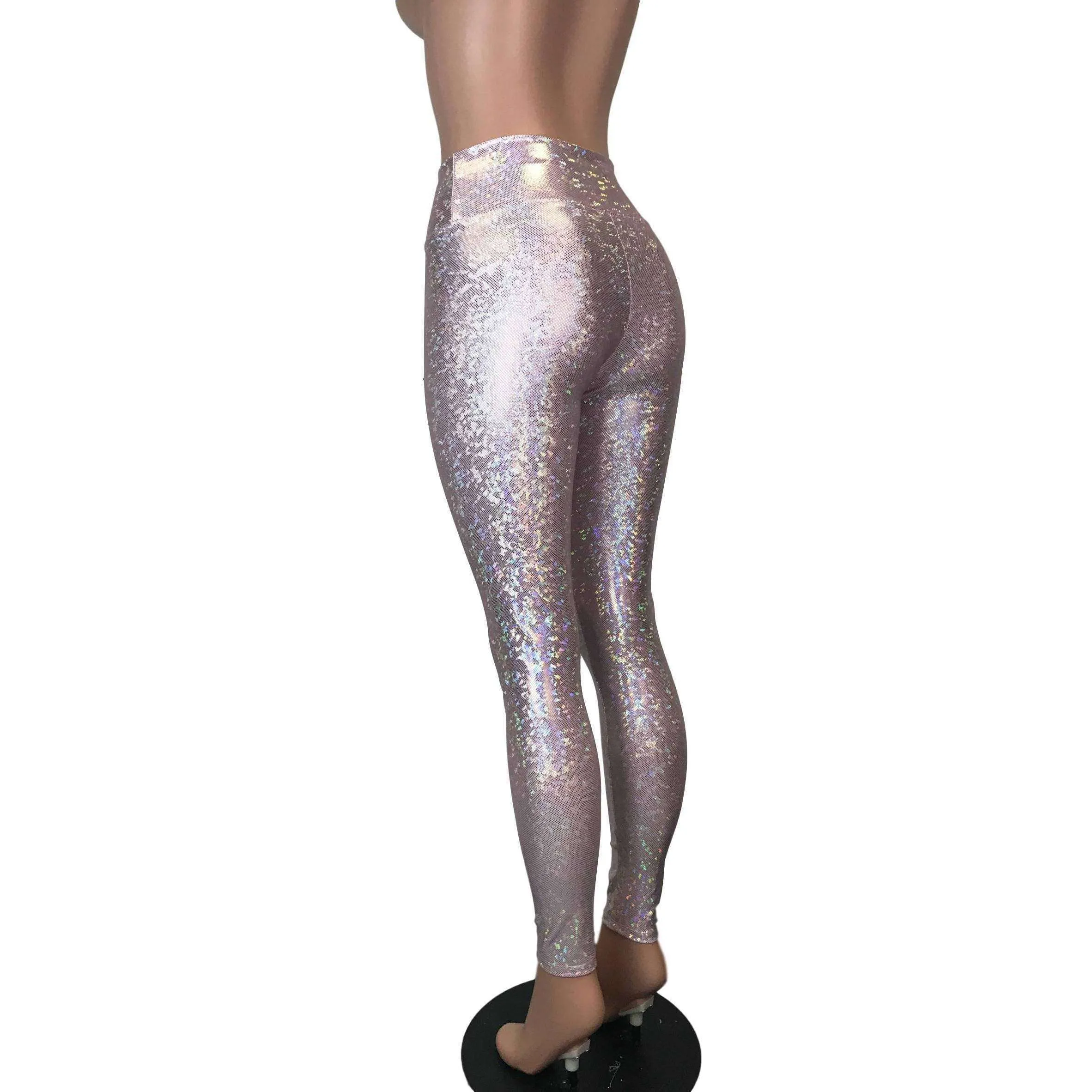Blush Pink Shattered Glass Holographic Leggings Pants