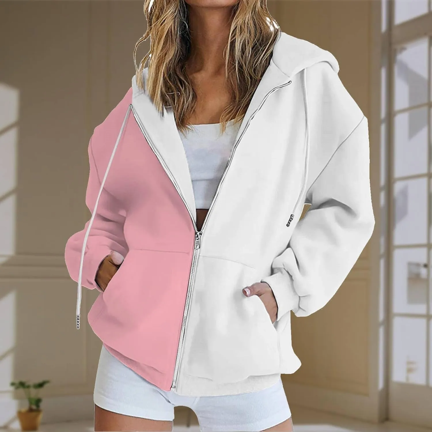 BTDECLAR 2023 Fashion Color Block Hoodie for Women Casual Long Sleeve Oversized Sweatshirts Pocket Zip Up Hoodies Jacket Tops