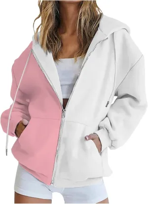 BTDECLAR 2023 Fashion Color Block Hoodie for Women Casual Long Sleeve Oversized Sweatshirts Pocket Zip Up Hoodies Jacket Tops