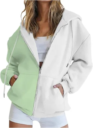 BTDECLAR 2023 Fashion Color Block Hoodie for Women Casual Long Sleeve Oversized Sweatshirts Pocket Zip Up Hoodies Jacket Tops