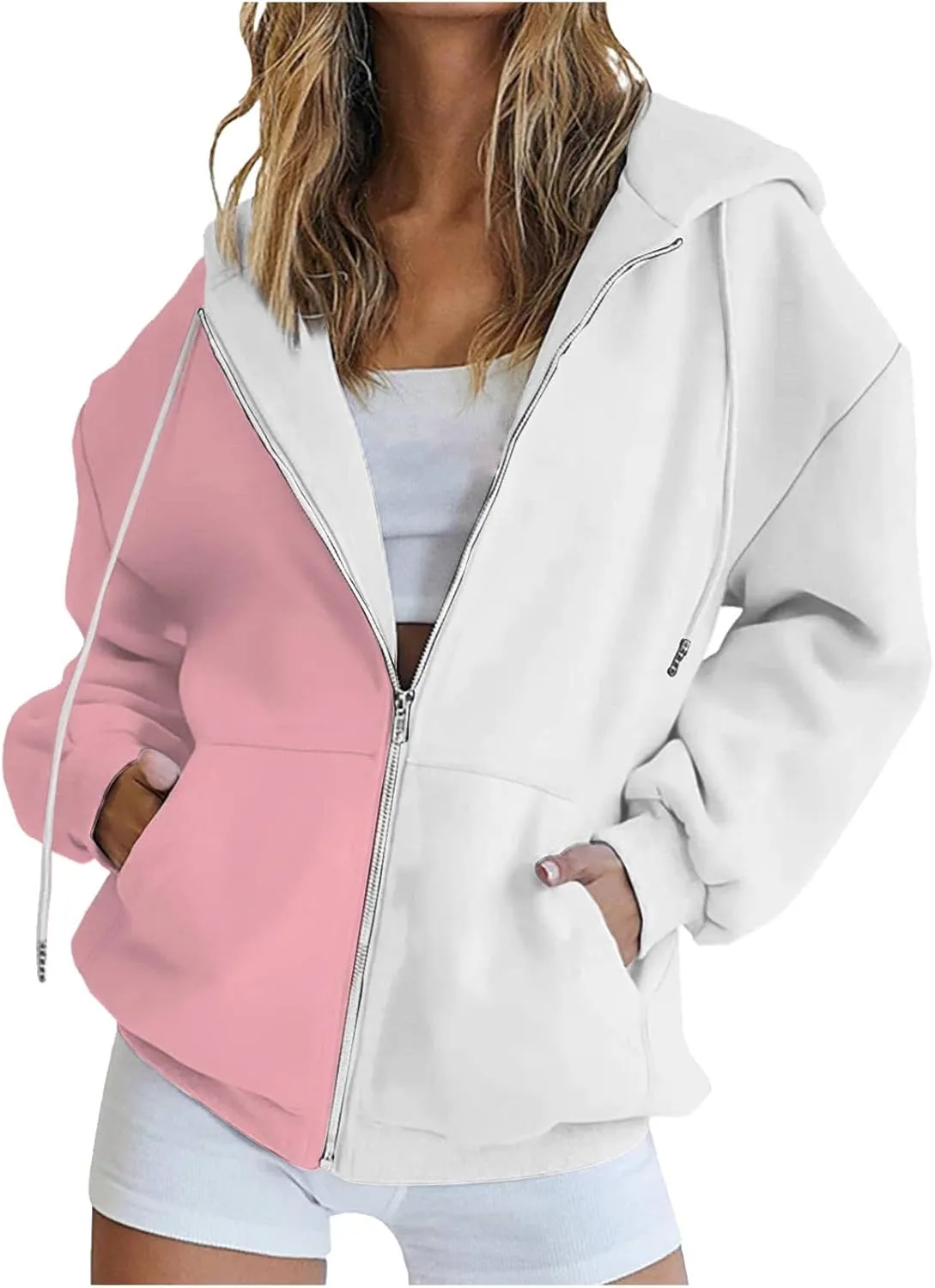 BTDECLAR 2023 Fashion Color Block Hoodie for Women Casual Long Sleeve Oversized Sweatshirts Pocket Zip Up Hoodies Jacket Tops