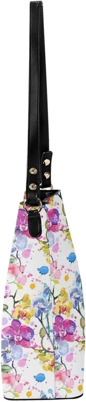 Bucket Bag Purse PU Leather Bag for Women, Watercolor Forest Tree Print Ladies Hobo Shoulder Handbag, Magnetic Snap